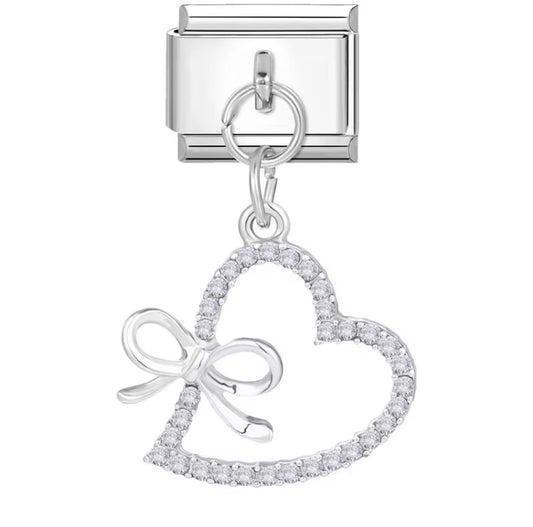 Silver Dangly CZ Heart with Bow Charm