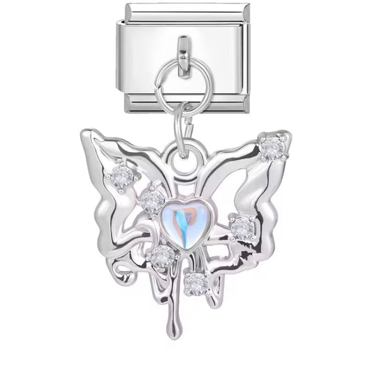 Stainless Steel Dangly Butterfly with Blue Stone Charm
