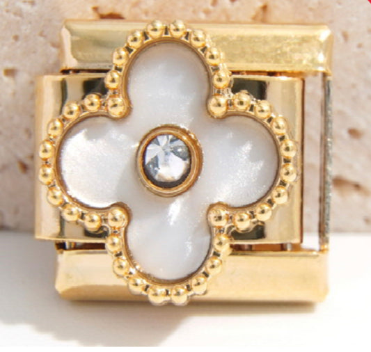 Gold White 4 Leaf Clover Charm